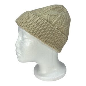 Saks Fifth Avenue Beanie 100% Cashmere Cream Cable Knit Hat Gold Sequins One Sz